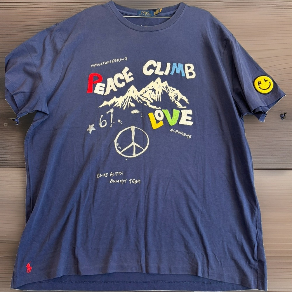 2XB POLO RALPH LAUREN Mens Big&Tall Navy "PEACE CLIMB LOVE" Graphic T-Shirt